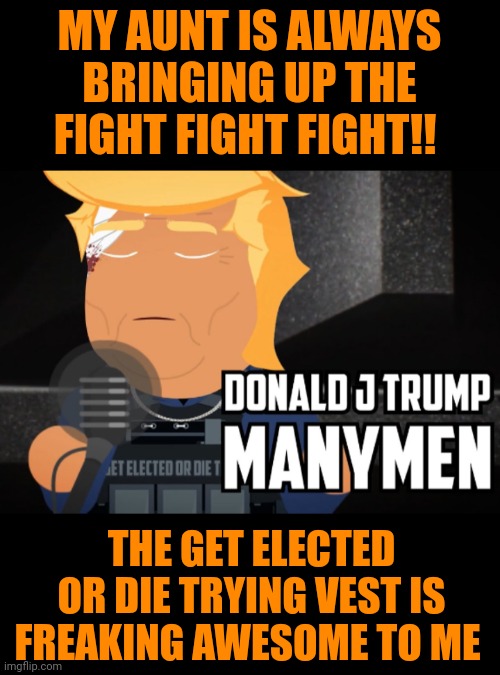 Funny | MY AUNT IS ALWAYS BRINGING UP THE FIGHT FIGHT FIGHT!! THE GET ELECTED OR DIE TRYING VEST IS FREAKING AWESOME TO ME | image tagged in funny,presidential election,trump,fight,perseverance,politics | made w/ Imgflip meme maker