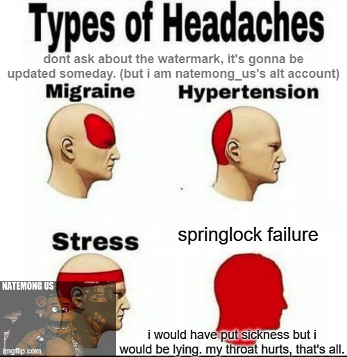 just using my watermark in a meme :P | dont ask about the watermark, it's gonna be updated someday. (but i am natemong_us's alt account); springlock failure; i would have put sickness but i would be lying. my throat hurts, that's all. | image tagged in types of headaches meme | made w/ Imgflip meme maker