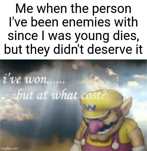 I've won but at what cost? | Me when the person I've been enemies with since I was young dies, but they didn't deserve it | image tagged in i've won but at what cost | made w/ Imgflip meme maker