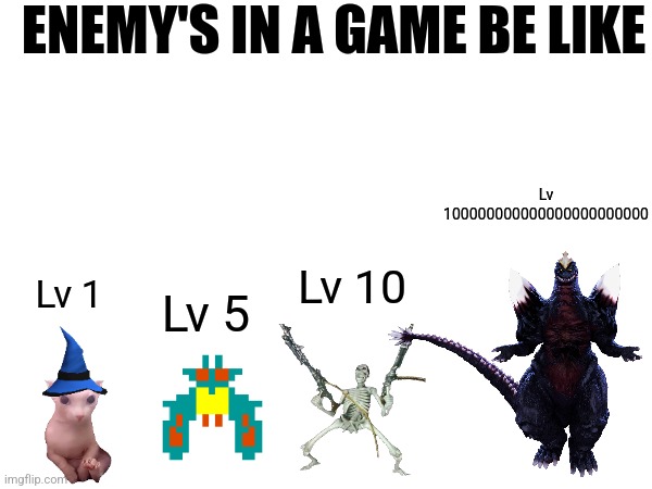 Enemy's in a game be like | ENEMY'S IN A GAME BE LIKE; Lv 100000000000000000000000; Lv 10; Lv 1; Lv 5 | image tagged in memes,video games,gaming | made w/ Imgflip meme maker