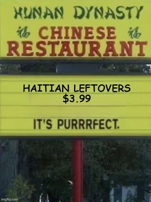 Left overs | HAITIAN LEFTOVERS
$3.99 | image tagged in haiti,cats,dogs,chinese food,maga,make america great again | made w/ Imgflip meme maker