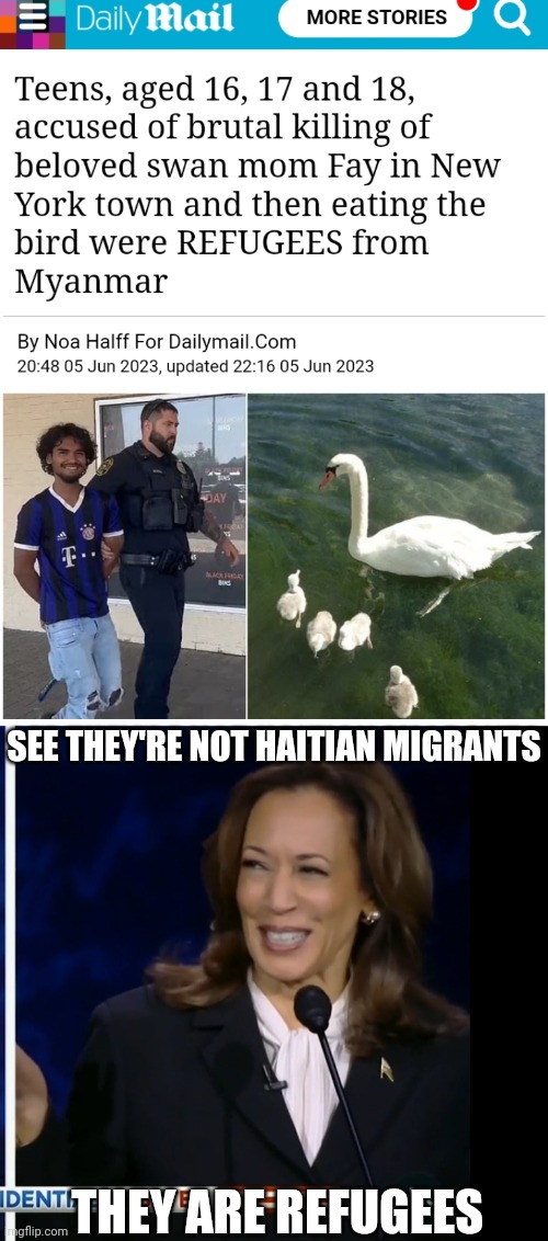 SHE KNOWS IT'S HAPPENING. HER PEOPLE ARE EVIL. | SEE THEY'RE NOT HAITIAN MIGRANTS; THEY ARE REFUGEES | image tagged in kamala harris,president trump,presidential debate,politics | made w/ Imgflip meme maker