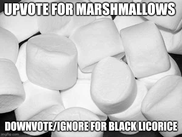 Marshmallow | UPVOTE FOR MARSHMALLOWS; DOWNVOTE/IGNORE FOR BLACK LICORICE | image tagged in marshmallow | made w/ Imgflip meme maker