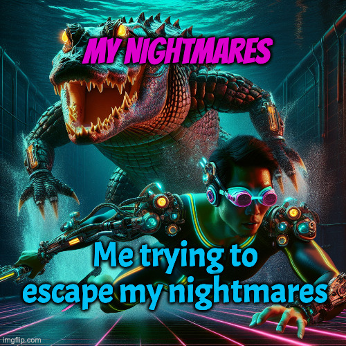 Nightmare | MY NIGHTMARES; Me trying to escape my nightmares | image tagged in alligator swimming underwater chasing a swimmer | made w/ Imgflip meme maker