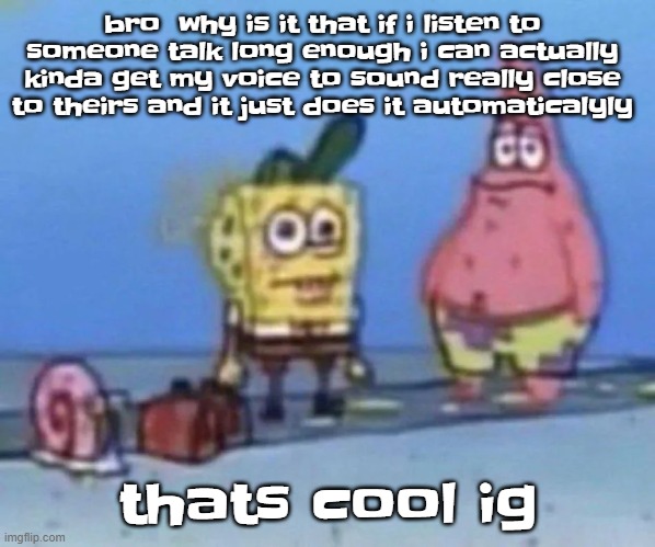 sponge and pat | bro  why is it that if i listen to someone talk long enough i can actually kinda get my voice to sound really close to theirs and it just does it automaticalyly; thats cool ig | image tagged in sponge and pat | made w/ Imgflip meme maker