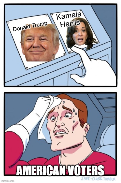 Who's it gonna be? | Kamala Harris; Donald Trump; AMERICAN VOTERS | image tagged in memes,two buttons,kamala harris,donald trump,american politics,presidential race | made w/ Imgflip meme maker