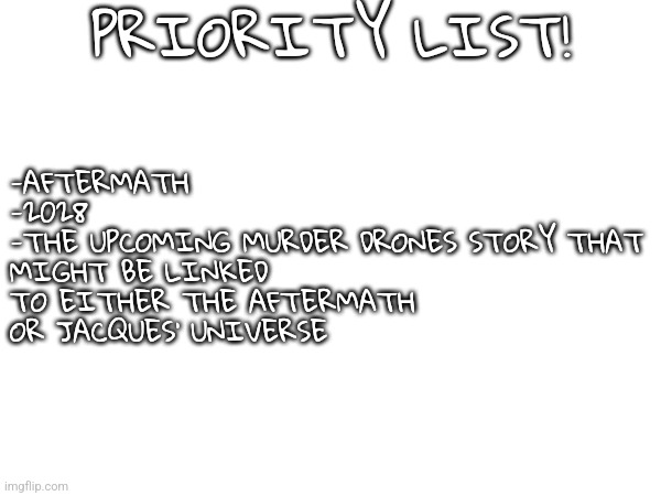 PRIORITY LIST! -AFTERMATH
-2028 
-THE UPCOMING MURDER DRONES STORY THAT MIGHT BE LINKED TO EITHER THE AFTERMATH OR JACQUES' UNIVERSE | made w/ Imgflip meme maker