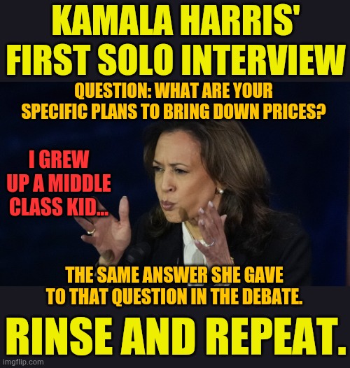 Rinse And Repeat | KAMALA HARRIS' FIRST SOLO INTERVIEW; QUESTION: WHAT ARE YOUR SPECIFIC PLANS TO BRING DOWN PRICES? I GREW UP A MIDDLE CLASS KID... THE SAME ANSWER SHE GAVE TO THAT QUESTION IN THE DEBATE. RINSE AND REPEAT. | image tagged in memes,kamala harris,same,answers,rinse,repeat | made w/ Imgflip meme maker