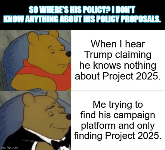 Facts | SO WHERE'S HIS POLICY? I DON'T KNOW ANYTHING ABOUT HIS POLICY PROPOSALS. When I hear Trump claiming he knows nothing about Project 2025. Me trying to find his campaign platform and only finding Project 2025. | image tagged in memes,tuxedo winnie the pooh | made w/ Imgflip meme maker