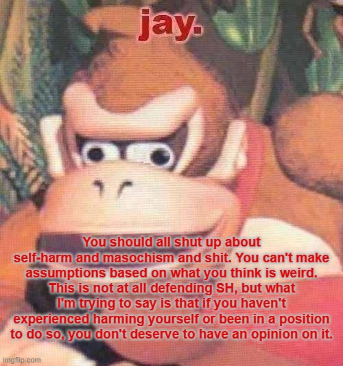 You can trust me, I'm old and wise with my years, all 20 of them. | You should all shut up about self-harm and masochism and shit. You can't make assumptions based on what you think is weird. This is not at all defending SH, but what I'm trying to say is that if you haven't experienced harming yourself or been in a position to do so, you don't deserve to have an opinion on it. | image tagged in jay announcement temp | made w/ Imgflip meme maker