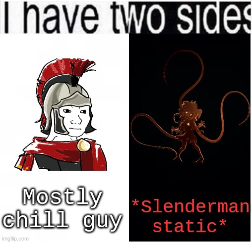 Makes sense to me  ̸̢͖̠̼̺͈͈̱͠a̵͔̭̙̎͆̑ẗ̷̢̟̦͈͇̼̱̲̄̐ ̵̛̥͇̣͋̒̕͝l̴̬͋͆̈́̄̓͘͝e̴̟̬͓̐͛̈́̿̒̈̈͋a̴̧͖͇̩̥͒̄̽̈͝s̸̢̻͑͌̀̏̐̕͝t̶̖̱̮̳̎̍̓̀̇̿̕͘ | *Slenderman static*; Mostly chill guy | image tagged in i have two sides | made w/ Imgflip meme maker