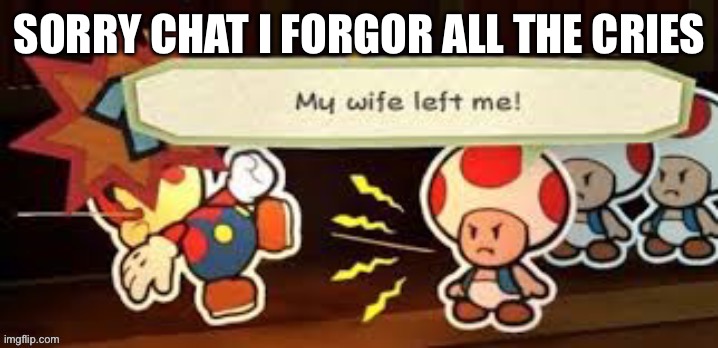 My wife left me | SORRY CHAT I FORGOR ALL THE CRIES | image tagged in my wife left me | made w/ Imgflip meme maker