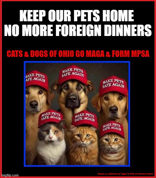 KEEP OUR PETS HOME 
NO MORE FOREIGN DINNERS; CATS & DOGS OF OHIO GO MAGA & FORM MPSA; Repost w/ additions by Tigger & Willy of Unknown Meme | made w/ Imgflip meme maker