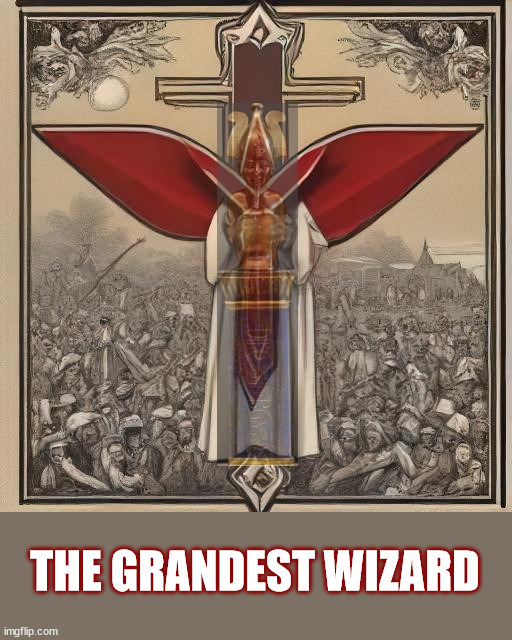 An AI of a KKK member that has wings on a cross.  It has an overlay of Osiris superimposed on it. | THE GRANDEST WIZARD | image tagged in ancient egypt,osiris,wizard,kkk,cross,ai | made w/ Imgflip meme maker