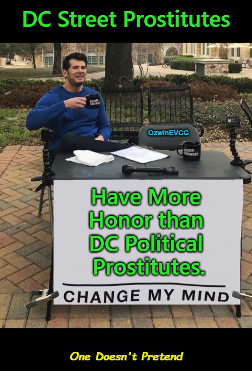 One Doesn't Pretend | DC Street Prostitutes; OzwinEVCG; Have More 

Honor than 

DC Political 

Prostitutes. One Doesn't Pretend | image tagged in change my mind,politicians,prostitutes,washington dc,government corruption,real talk | made w/ Imgflip meme maker