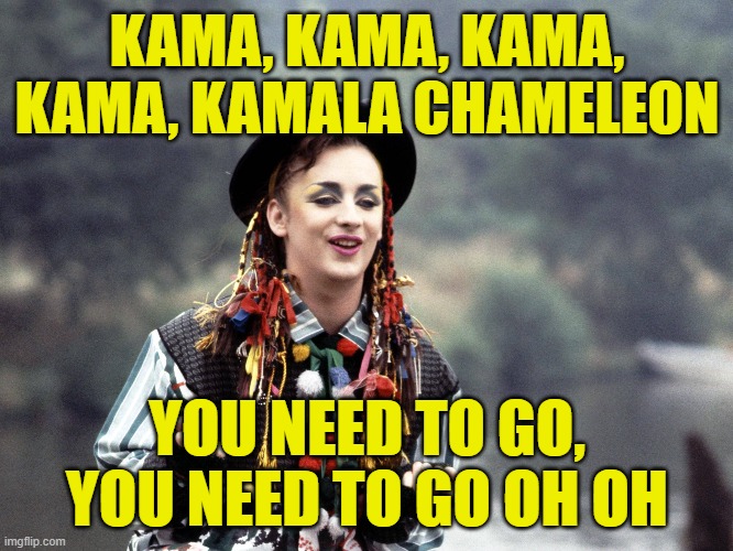 Boy George I thing we got it | KAMA, KAMA, KAMA, KAMA, KAMALA CHAMELEON; YOU NEED TO GO,
YOU NEED TO GO OH OH | image tagged in kamala harris,vice president,maga,make america great again,boy george,parody | made w/ Imgflip meme maker