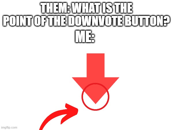 Its right there | THEM: WHAT IS THE POINT OF THE DOWNVOTE BUTTON? ME: | image tagged in downvote,please downvote this,no shit sherlock,thank you mr helpful,thank you captain obvious | made w/ Imgflip meme maker