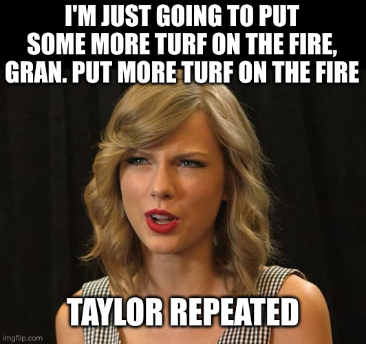 Taylor Swiftie | I'M JUST GOING TO PUT SOME MORE TURF ON THE FIRE, GRAN. PUT MORE TURF ON THE FIRE TAYLOR REPEATED | image tagged in taylor swiftie | made w/ Imgflip meme maker