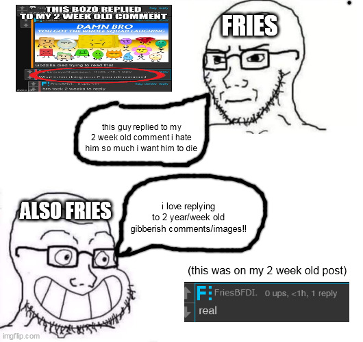 hypocrite fries | FRIES; this guy replied to my 2 week old comment i hate him so much i want him to die; i love replying to 2 year/week old gibberish comments/images!! ALSO FRIES; (this was on my 2 week old post) | image tagged in hypocrite neckbeard | made w/ Imgflip meme maker