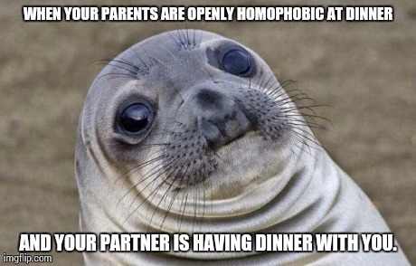 Awkward Moment Sealion | WHEN YOUR PARENTS ARE OPENLY HOMOPHOBIC AT DINNER AND YOUR PARTNER IS HAVING DINNER WITH YOU. | image tagged in memes,awkward moment sealion,AdviceAnimals | made w/ Imgflip meme maker