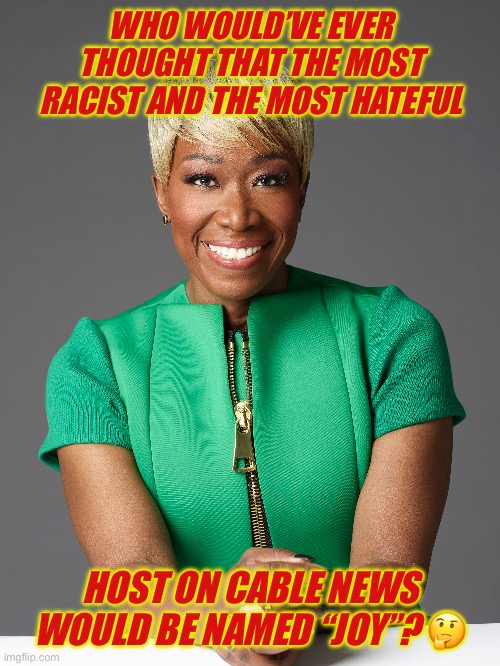 A racist and hateful host named “joy”? | WHO WOULD’VE EVER THOUGHT THAT THE MOST RACIST AND THE MOST HATEFUL; HOST ON CABLE NEWS WOULD BE NAMED “JOY”? 🤔 | made w/ Imgflip meme maker