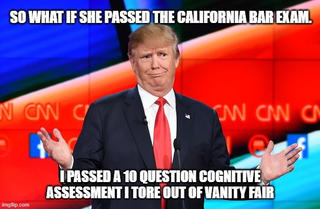 Testing 1...2...3... | SO WHAT IF SHE PASSED THE CALIFORNIA BAR EXAM. I PASSED A 10 QUESTION COGNITIVE ASSESSMENT I TORE OUT OF VANITY FAIR | image tagged in donald trump confused | made w/ Imgflip meme maker