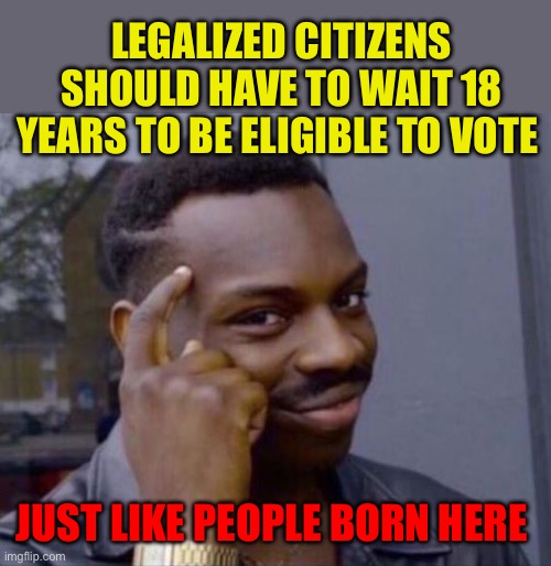 Path to citizenship, should include a longer path to voting | LEGALIZED CITIZENS SHOULD HAVE TO WAIT 18 YEARS TO BE ELIGIBLE TO VOTE; JUST LIKE PEOPLE BORN HERE | image tagged in smart man,illegal immigration,democrats,voter fraud,gifs | made w/ Imgflip meme maker