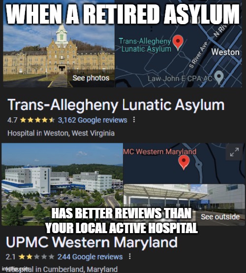 When an retired asylum has better reviews than your local active hospital | WHEN A RETIRED ASYLUM; HAS BETTER REVIEWS THAN YOUR LOCAL ACTIVE HOSPITAL | image tagged in asylum,hospital,memes,so true memes | made w/ Imgflip meme maker