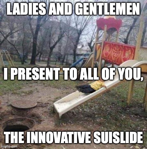 Suislide | LADIES AND GENTLEMEN; I PRESENT TO ALL OF YOU, THE INNOVATIVE SUISLIDE | image tagged in suislide | made w/ Imgflip meme maker