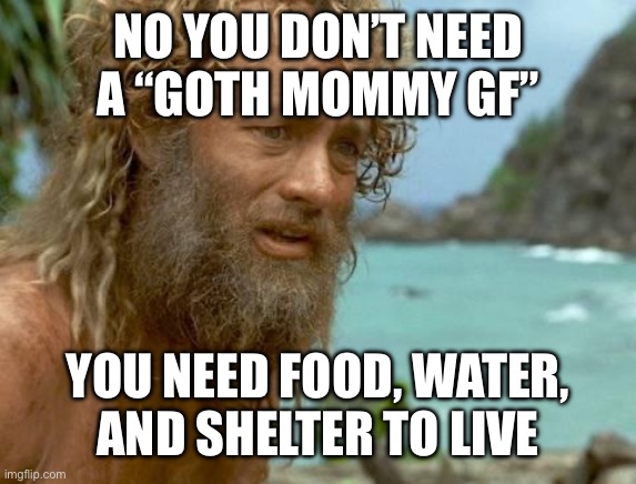 castaway | NO YOU DON’T NEED
A “GOTH MOMMY GF”; YOU NEED FOOD, WATER,
AND SHELTER TO LIVE | image tagged in castaway | made w/ Imgflip meme maker