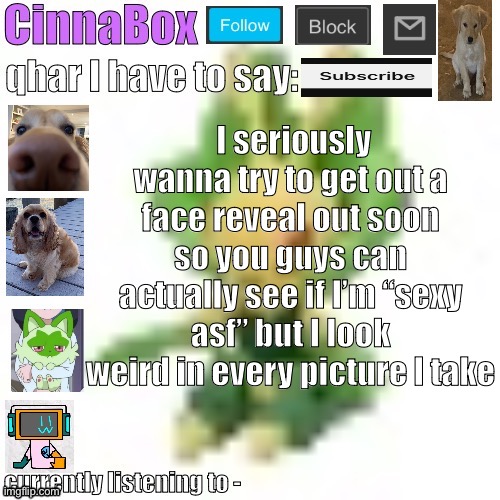 CinnaBox’s 144p Leavanny temp | I seriously wanna try to get out a face reveal out soon so you guys can actually see if I’m “sexy asf” but I look weird in every picture I take | image tagged in cinnabox s 144p leavanny temp | made w/ Imgflip meme maker