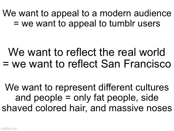 We want to appeal to a modern audience
= we want to appeal to tumblr users; We want to reflect the real world
= we want to reflect San Francisco; We want to represent different cultures
and people = only fat people, side
shaved colored hair, and massive noses | made w/ Imgflip meme maker