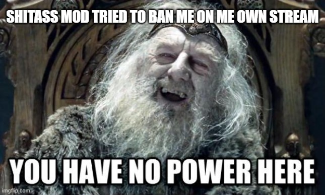 1. I'm a higher rank than you here 2. This is a shitpost stream, meaning you can post anything as much as you want (TOS applies) | SHITASS MOD TRIED TO BAN ME ON ME OWN STREAM | image tagged in you have no power here | made w/ Imgflip meme maker