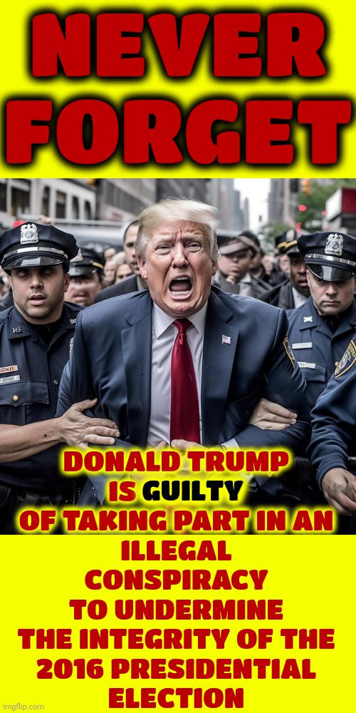 G U I L T Y | NEVER FORGET; DONALD TRUMP
IS GUILTY OF TAKING PART IN AN
ILLEGAL CONSPIRACY TO UNDERMINE THE INTEGRITY OF THE
2016 PRESIDENTIAL
ELECTION; GUILTY | image tagged in trump arrest,donald trump is a convicted rapist,donald trump is a convicted felon,memes,rape culture,it's a cult | made w/ Imgflip meme maker