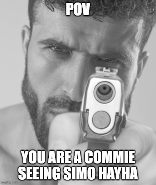 Gigachad holding you at gun point | POV; YOU ARE A COMMIE SEEING SIMO HAYHA | image tagged in gigachad holding you at gun point | made w/ Imgflip meme maker