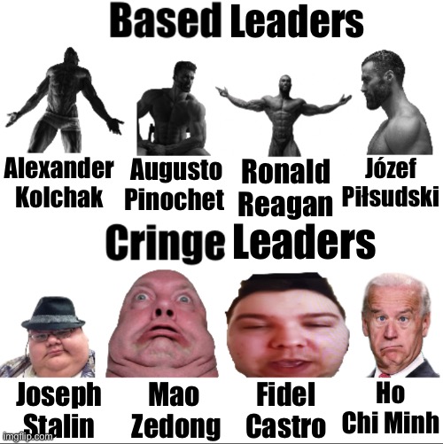 Anti-communist leaders vs cringe leaders | Leaders; Alexander Kolchak; Augusto Pinochet; Ronald Reagan; Józef Piłsudski; Leaders; Joseph Stalin; Mao 
Zedong; Fidel Castro; Ho Chi Minh | image tagged in based vs cringe users russian_tsarist_8 version | made w/ Imgflip meme maker