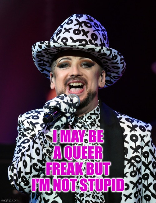 Boy george | I MAY BE A QUEER FREAK BUT I'M NOT STUPID | image tagged in boy george | made w/ Imgflip meme maker