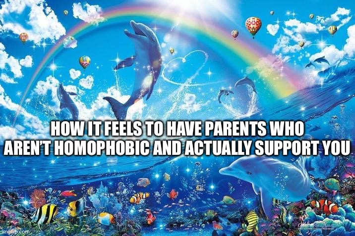 Happy dolphin rainbow | HOW IT FEELS TO HAVE PARENTS WHO AREN’T HOMOPHOBIC AND ACTUALLY SUPPORT YOU | image tagged in happy dolphin rainbow | made w/ Imgflip meme maker