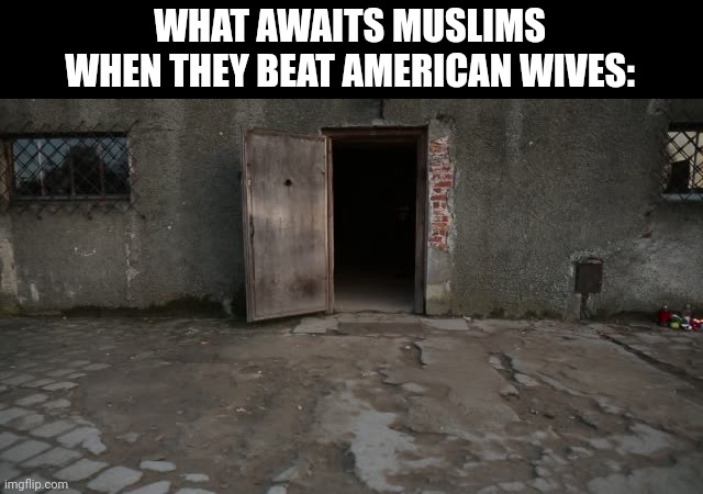 Gas chamber Poland | WHAT AWAITS MUSLIMS
WHEN THEY BEAT AMERICAN WIVES: | image tagged in gas chamber poland | made w/ Imgflip meme maker