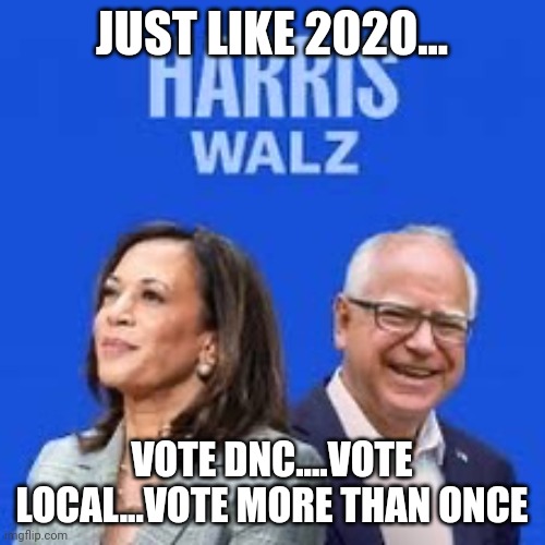 Because who gives a shit | JUST LIKE 2020... VOTE DNC....VOTE LOCAL...VOTE MORE THAN ONCE | image tagged in harris walz | made w/ Imgflip meme maker