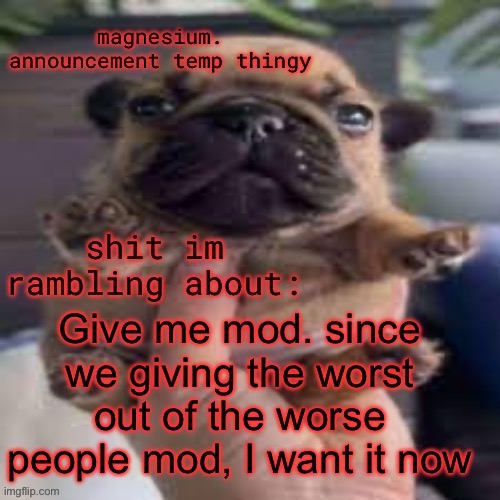 pug temp | Give me mod. since we giving the worst out of the worse people mod, I want it now | image tagged in pug temp | made w/ Imgflip meme maker