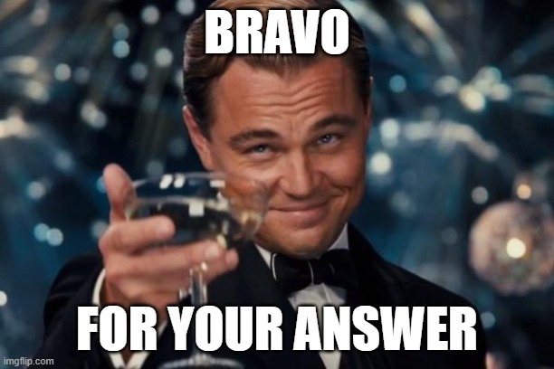 Bravo | BRAVO; FOR YOUR ANSWER | image tagged in memes,leonardo dicaprio cheers | made w/ Imgflip meme maker