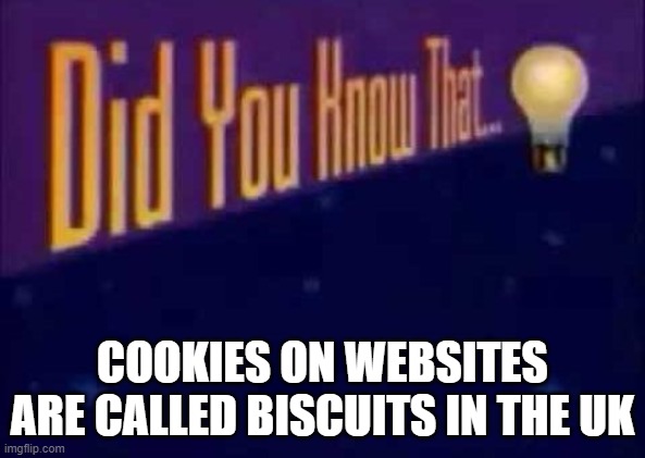 biscuits | COOKIES ON WEBSITES ARE CALLED BISCUITS IN THE UK | image tagged in did you know that | made w/ Imgflip meme maker