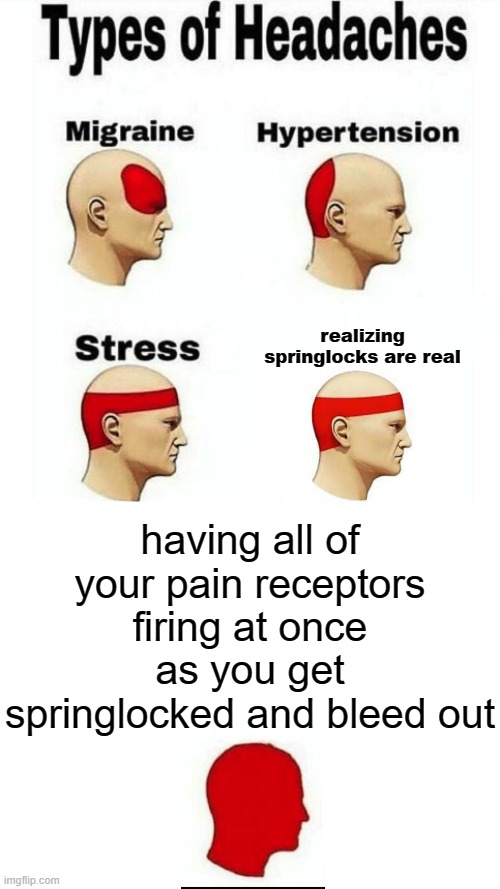 i took it one step further | realizing springlocks are real; having all of your pain receptors firing at once as you get springlocked and bleed out | image tagged in types of headaches meme,blank white template | made w/ Imgflip meme maker