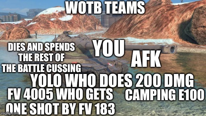 . | WOTB TEAMS; DIES AND SPENDS THE REST OF THE BATTLE CUSSING; YOU; AFK; YOLO WHO DOES 200 DMG; CAMPING E100; FV 4005 WHO GETS ONE SHOT BY FV 183 | image tagged in world of tanks | made w/ Imgflip meme maker