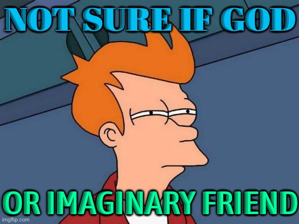 Not Sure If God; Or Imaginary Friend | NOT SURE IF GOD; OR IMAGINARY FRIEND | image tagged in skeptical fry,god,religion,god religion universe,atheism,christianity | made w/ Imgflip meme maker