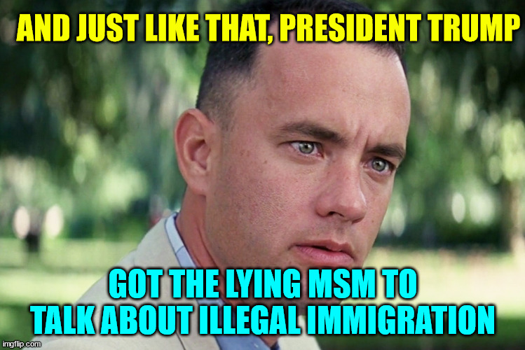 And Just Like That Meme | AND JUST LIKE THAT, PRESIDENT TRUMP GOT THE LYING MSM TO TALK ABOUT ILLEGAL IMMIGRATION | image tagged in memes,and just like that | made w/ Imgflip meme maker