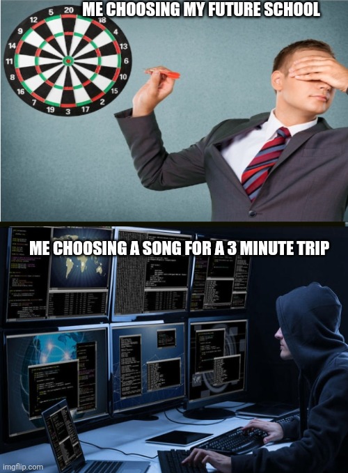 Middle school can understand | ME CHOOSING MY FUTURE SCHOOL; ME CHOOSING A SONG FOR A 3 MINUTE TRIP | image tagged in blind darts throwing | made w/ Imgflip meme maker