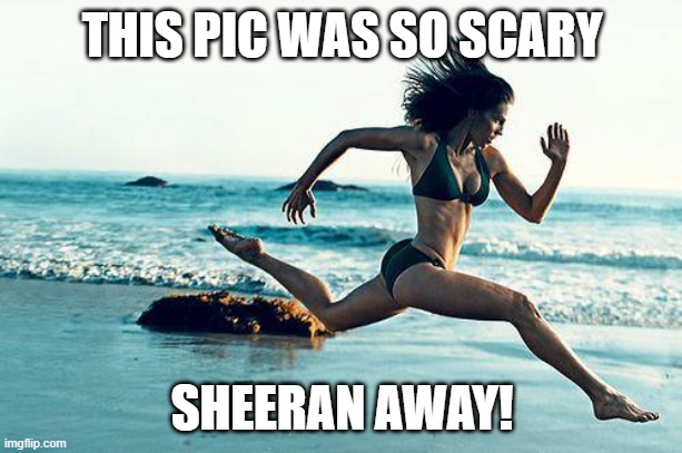 woman running | THIS PIC WAS SO SCARY; SHEERAN AWAY! | image tagged in woman running | made w/ Imgflip meme maker