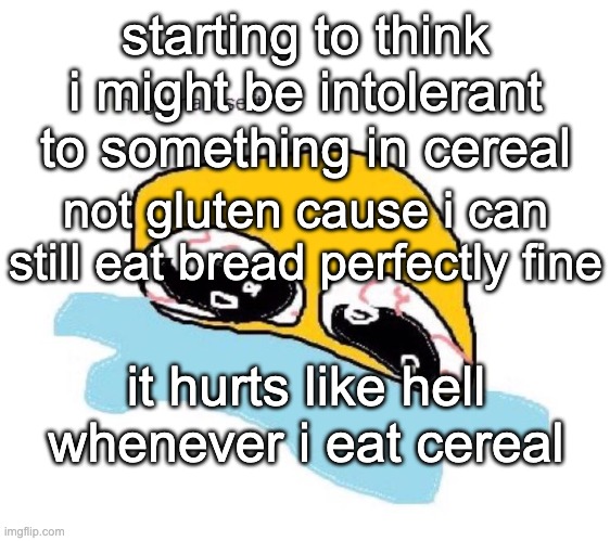 no specific cereal just cereal in general | starting to think i might be intolerant to something in cereal; not gluten cause i can still eat bread perfectly fine; it hurts like hell whenever i eat cereal | image tagged in im gunna lose it | made w/ Imgflip meme maker